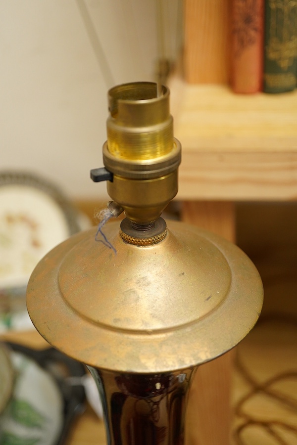 A pair of ruby glass, enamel and gilt metal table lamps, 57cm